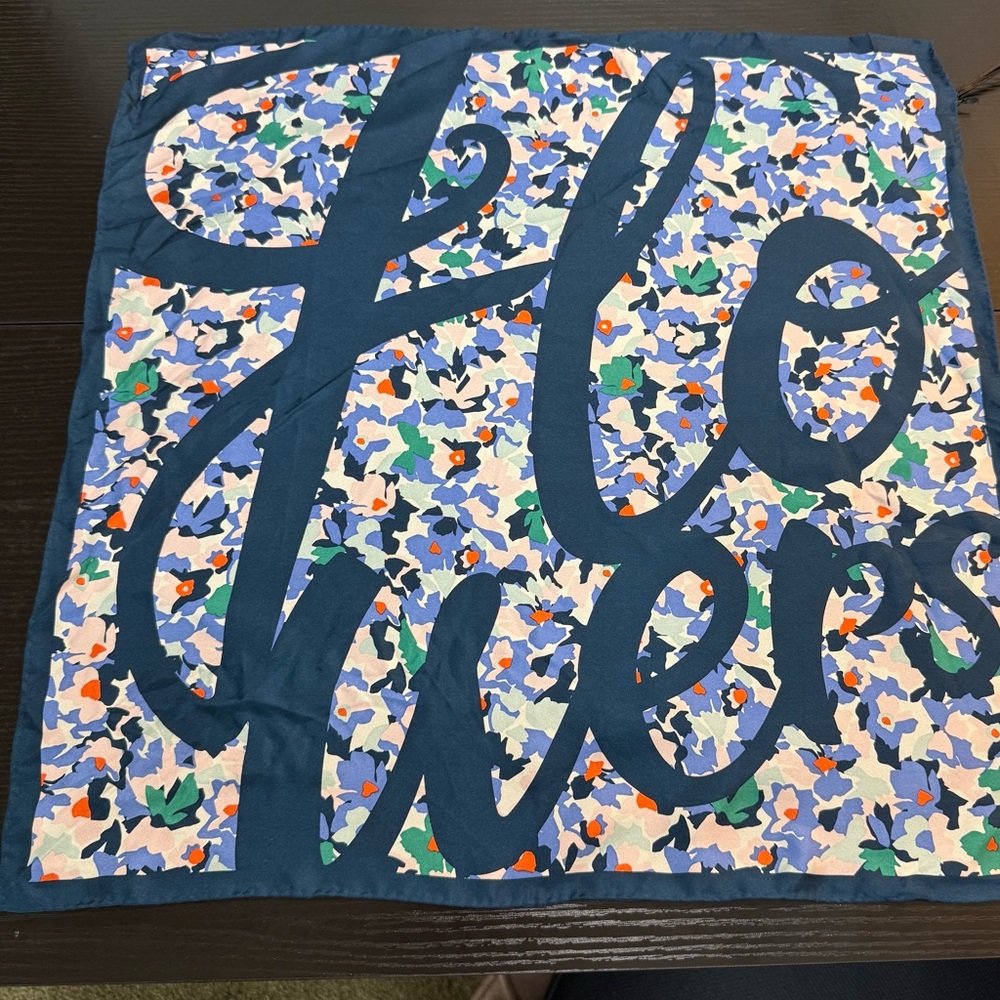 Galeries Lafayette 100% Silk Square Scarf Floral Script Logo Blue Paris NWT